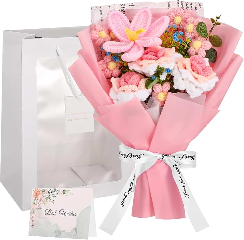 Crochet Flower Bouquet with Gift Bag and Card