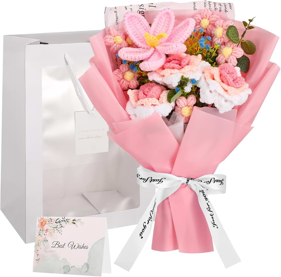Crochet Flower Bouquet with Gift Bag and Card