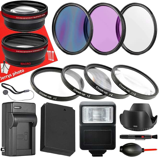 58mm Camera Accessory Bundle with Lenses, Battery, Filters, Flash