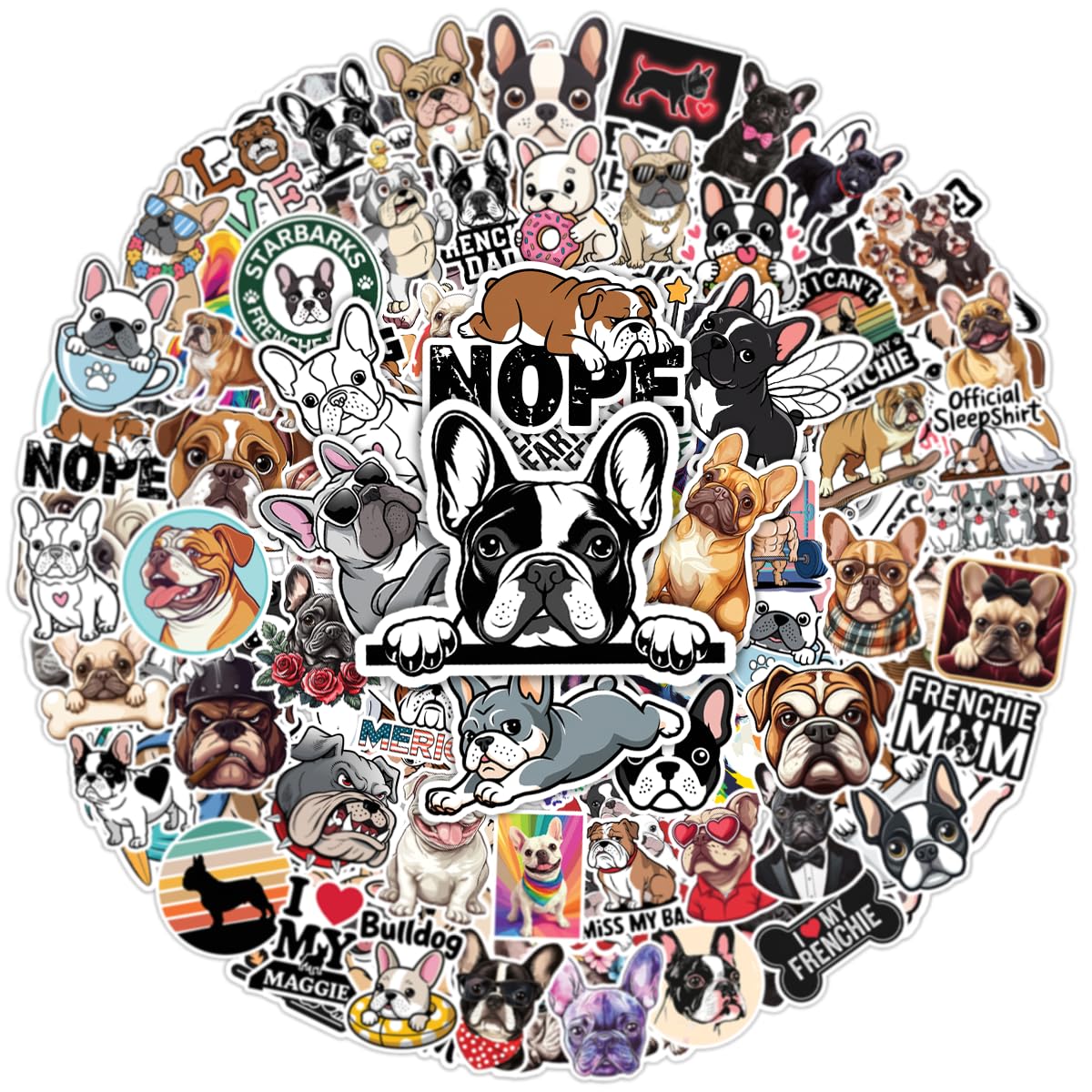 100 French Bulldog Stickers for Water Bottles and Laptops