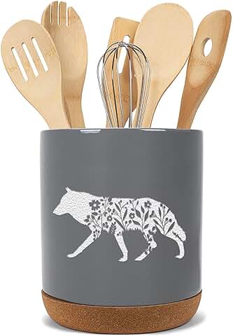 Large ceramic utensil holder with floral wolf design