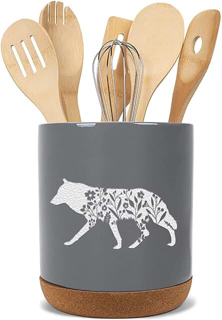 Large ceramic utensil holder with floral wolf design