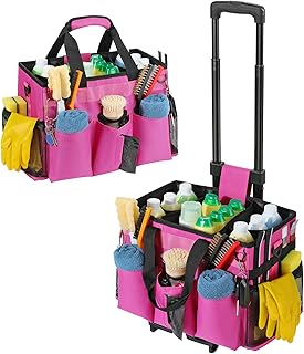 Rolling cleaning caddy bag with wheels in rose red