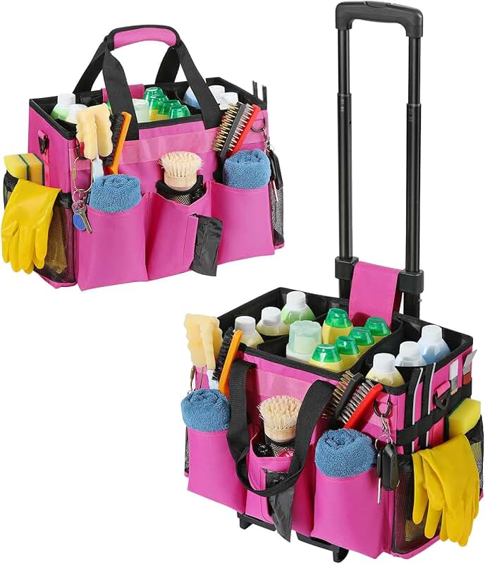 Rolling cleaning caddy bag with wheels in rose red