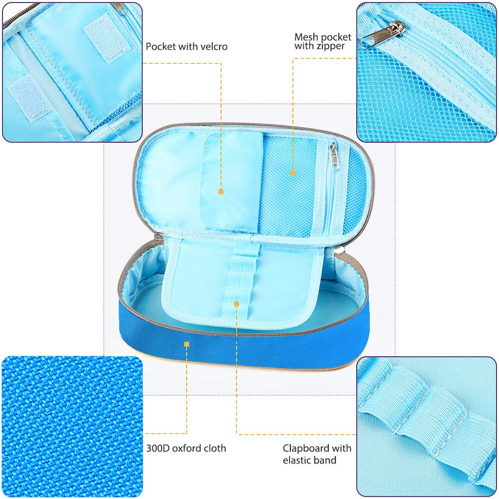Large Blue Pencil and Makeup Case with Double Zippers