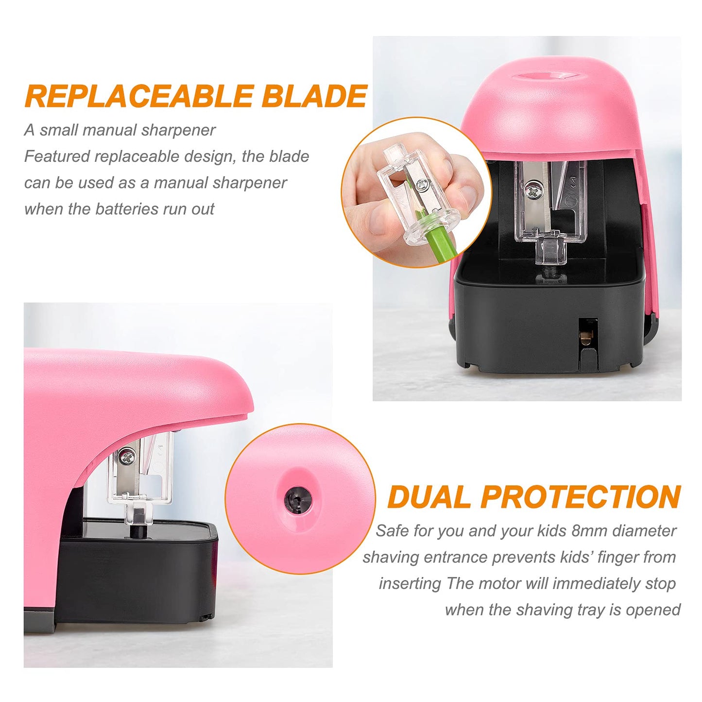 Pink battery-powered pencil sharpener with LED light