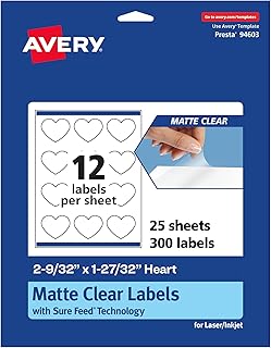 Matte Clear Heart Labels, 2-9/32" x 1-27/32", 300 sheets