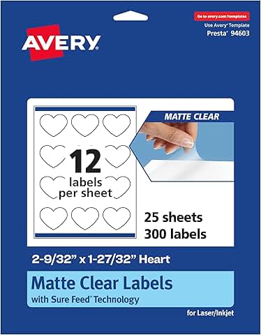 Matte Clear Heart Labels, 2-9/32" x 1-27/32", 300 sheets