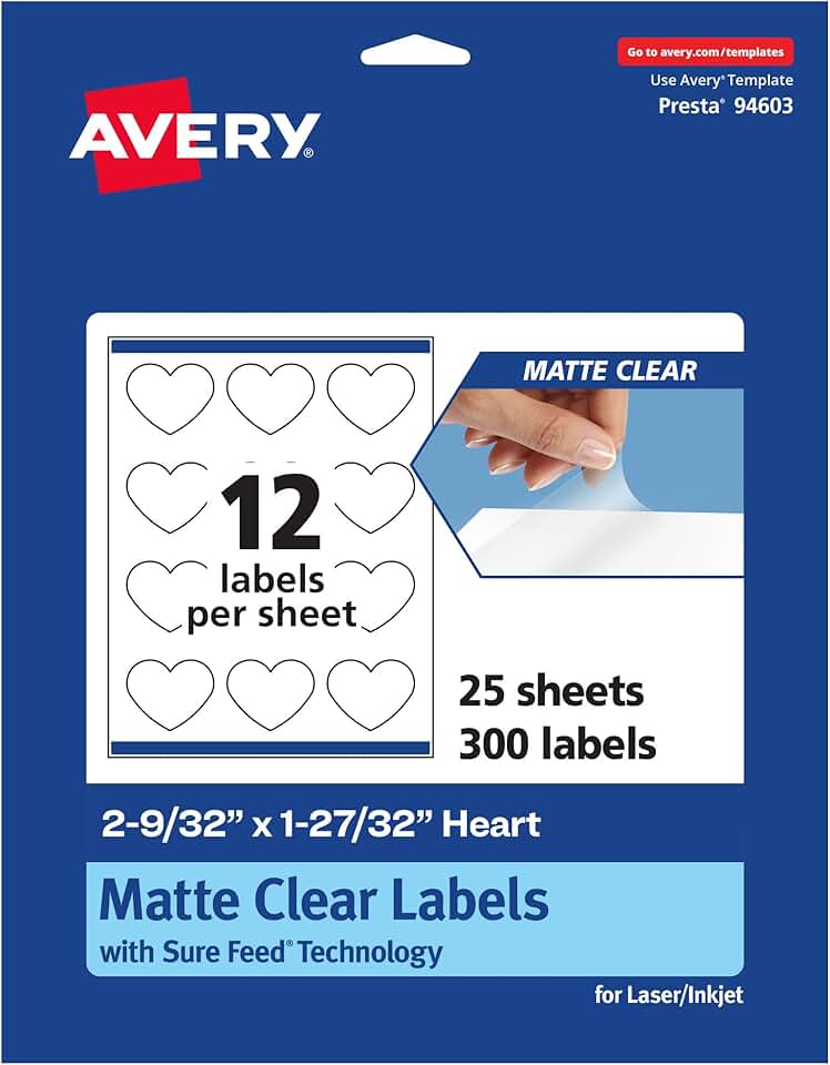 Matte Clear Heart Labels, 2-9/32" x 1-27/32", 300 sheets