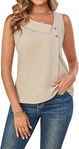 Women's Sleeveless Button Front Asymmetrical Neck Blouse