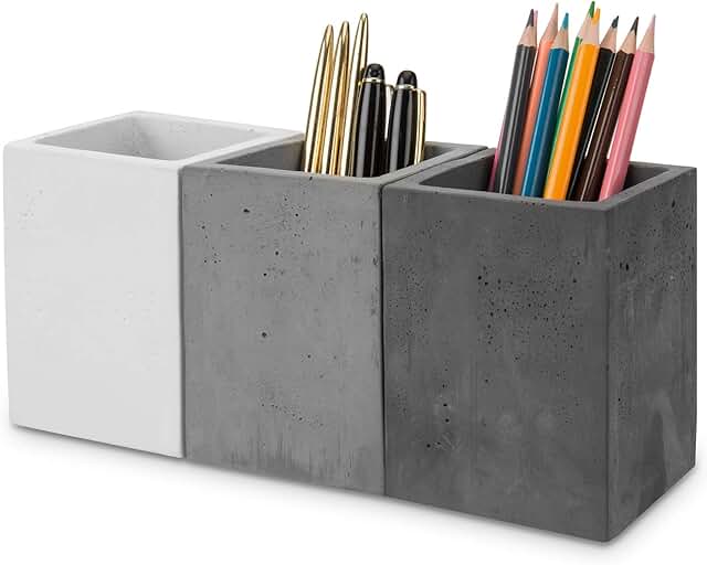 Set of 3 Gray Concrete Desk Pen Holders