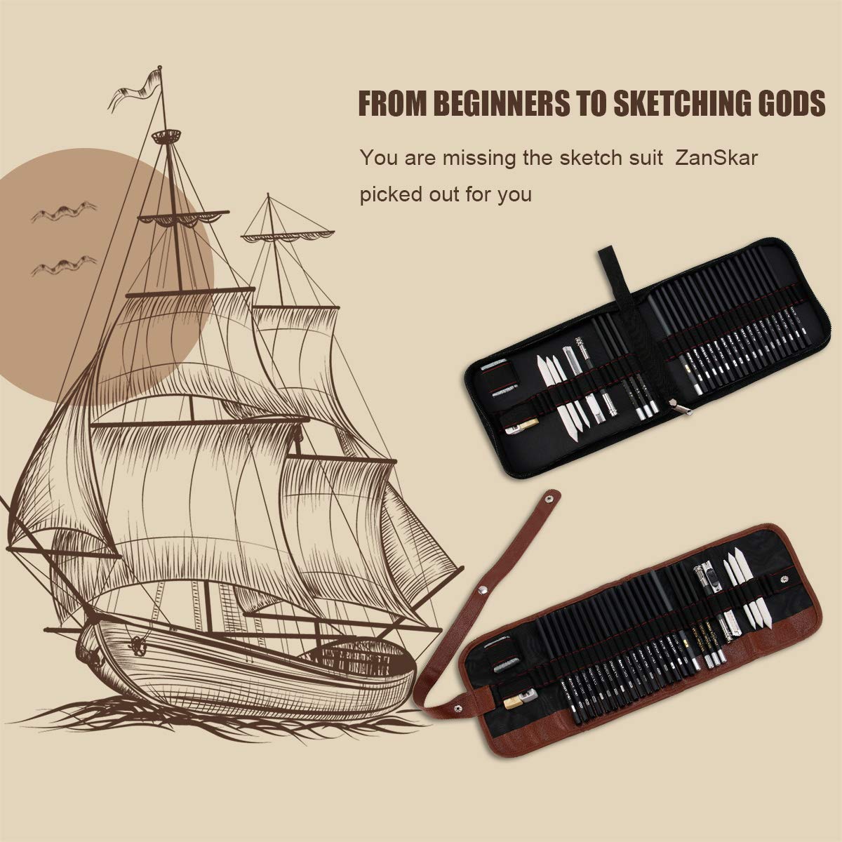 Sketching Pencil Set with Charcoal and Erasers 30pcs