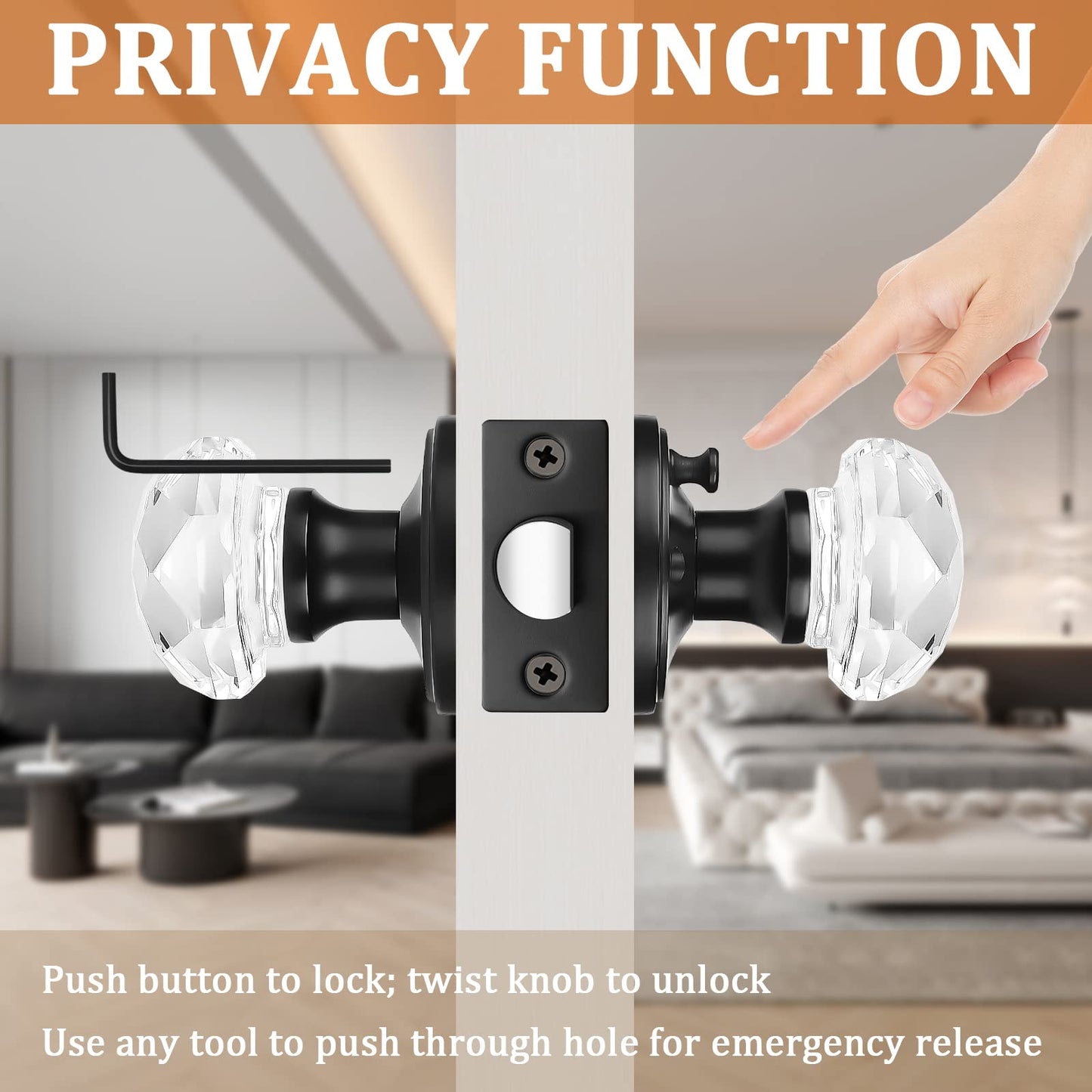 6 Pack Gl Door Knobs with Flat Black Rosette, Bath/Bed Door Knobs for Privacy Use, Keyless In or Door Handles with Diamond Shape Crystal Gl and Zinc Alloy Base