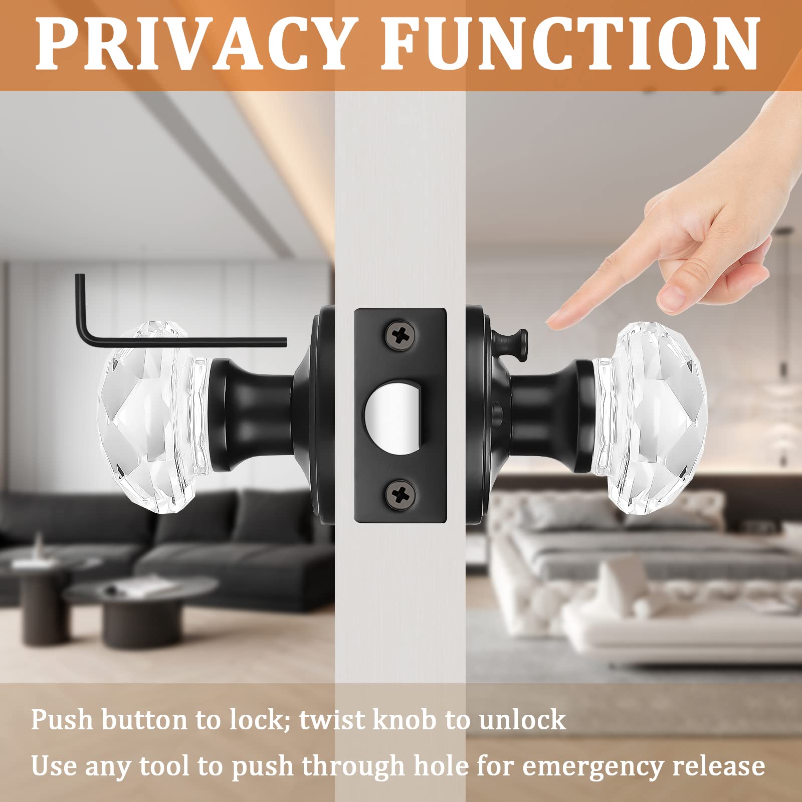 6 Pack Gl Door Knobs with Flat Black Rosette, Bath/Bed Door Knobs for Privacy Use, Keyless In or Door Handles with Diamond Shape Crystal Gl and Zinc Alloy Base