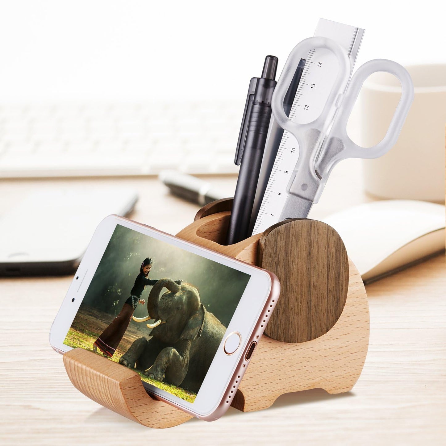 Wooden Elephant Phone Stand with Pen Holder and Desk Organizer