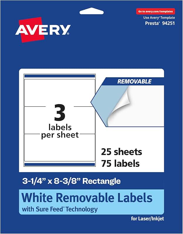 Matte White Removable Rectangle Labels, 75 Sheets