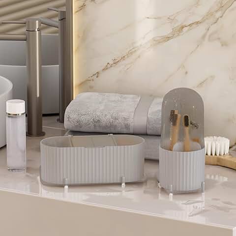 Set of 2 Grey Makeup and Brush Storage Containers