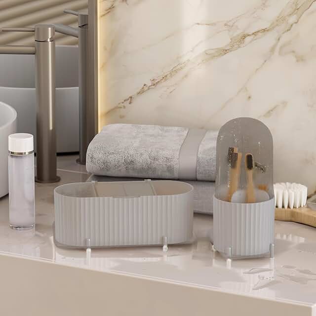 Set of 2 Grey Makeup and Brush Storage Containers