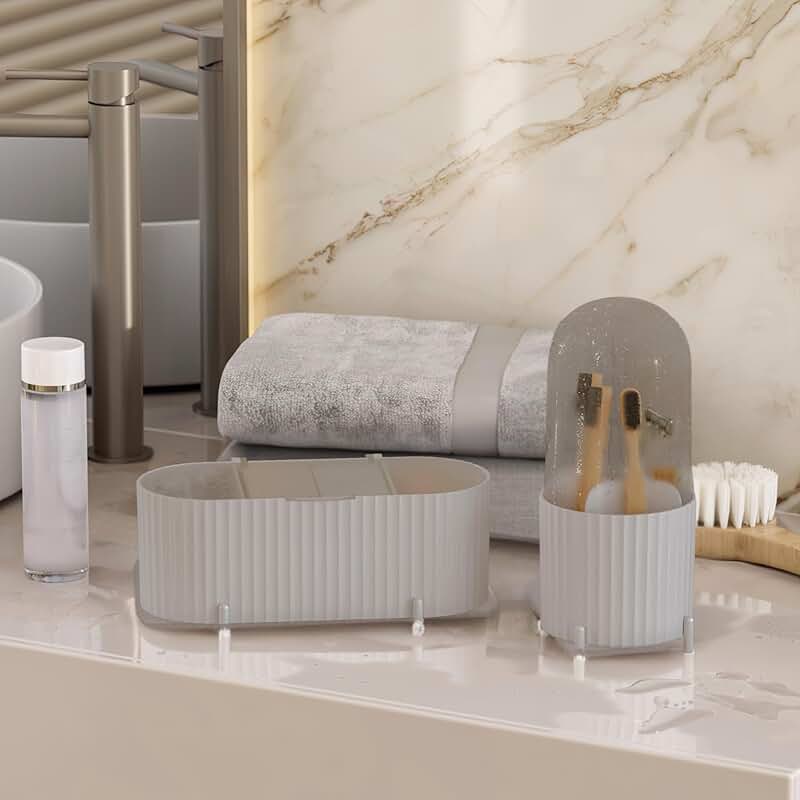 Set of 2 Grey Makeup and Brush Storage Containers