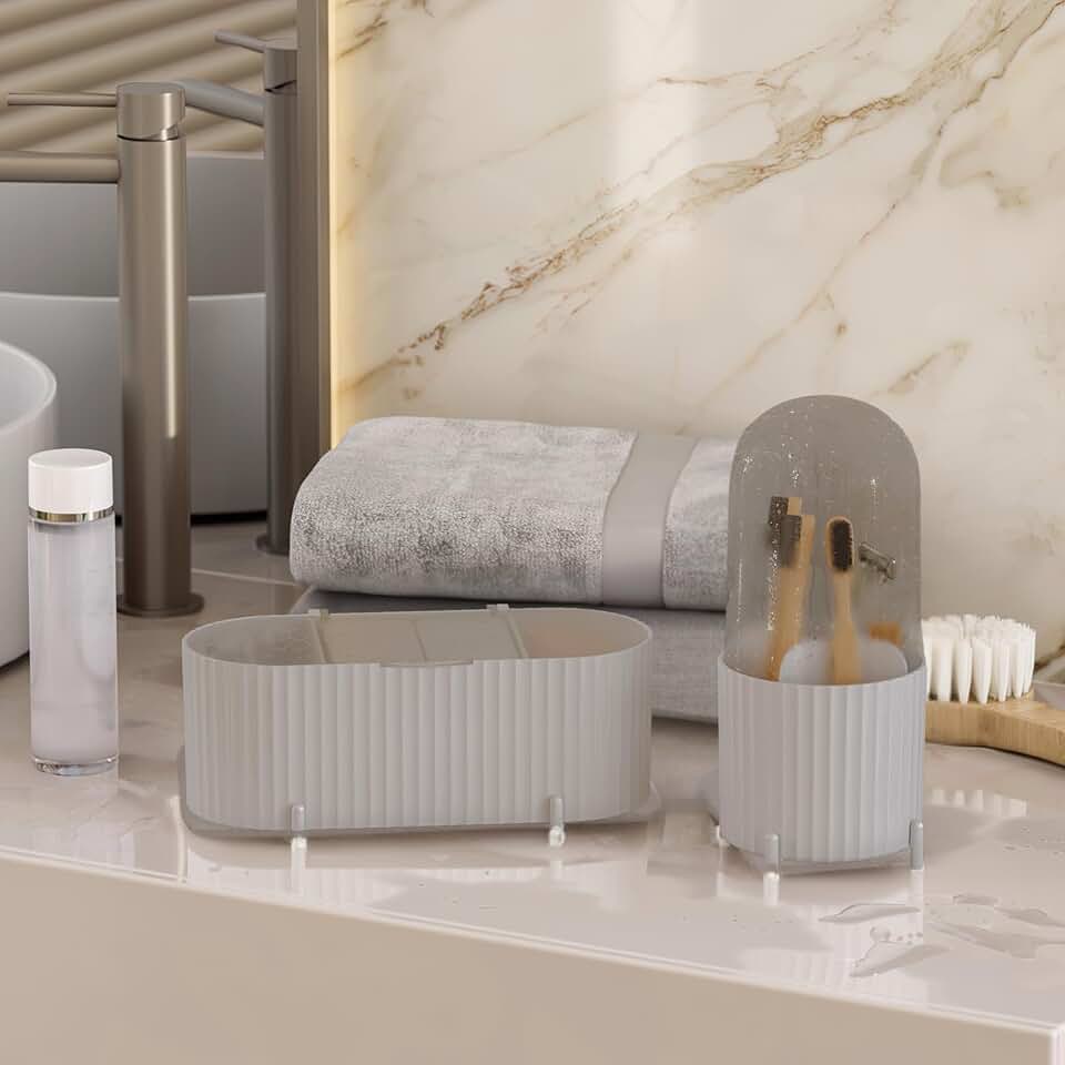Set of 2 Grey Makeup and Brush Storage Containers
