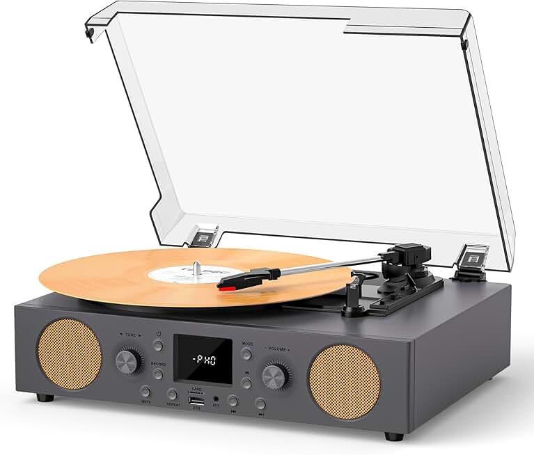 Vintage vinyl record player with speakers and Bluetooth