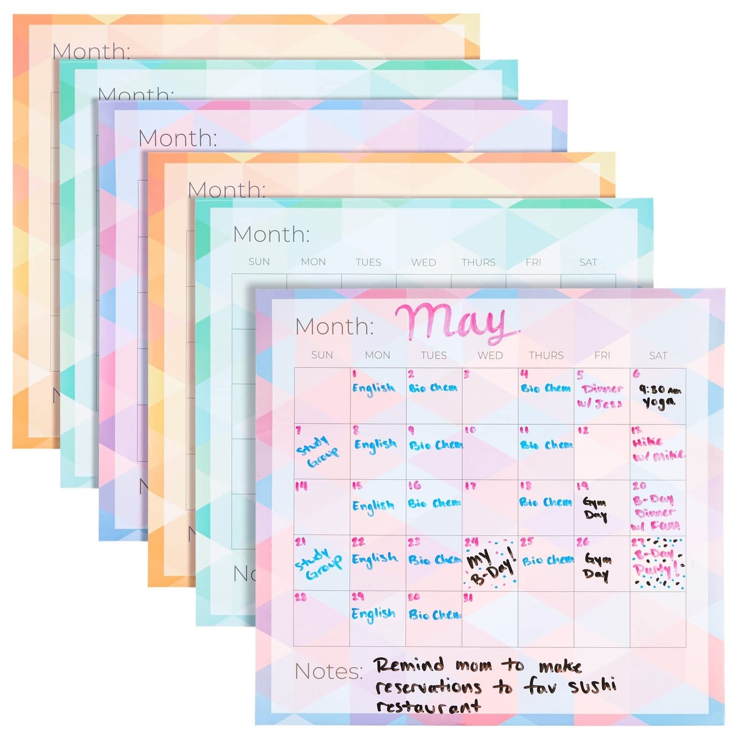 6-Pack Reusable Monthly Peel-and-Stick Calendar in Assorted Colors