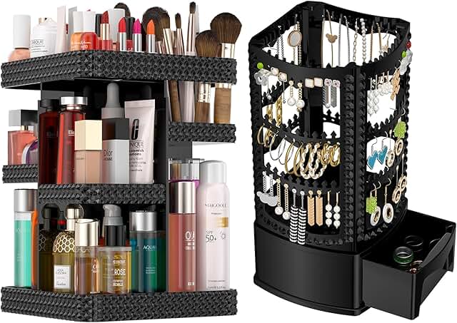 Two-piece 360° rotating acrylic jewelry and makeup organizer