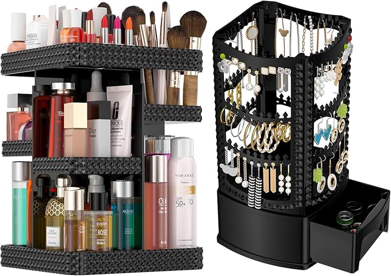 Two-piece 360° rotating acrylic jewelry and makeup organizer