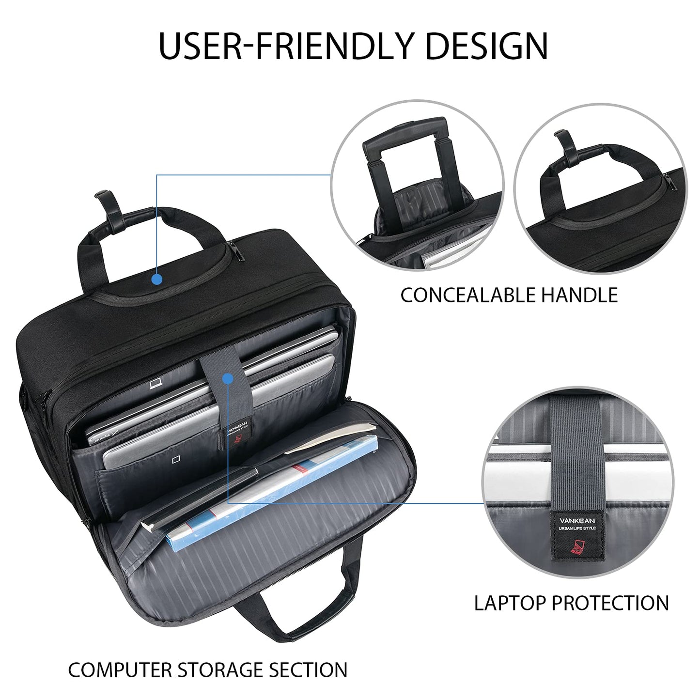 17.3 Inch Rolling Laptop Bag Briefcase Women Men with RFID Pockets, Carry on Laptop Case Waterproof Overnight Bag, Roller Computer Bags with Wheels for Travel/Work/School/Business, Black