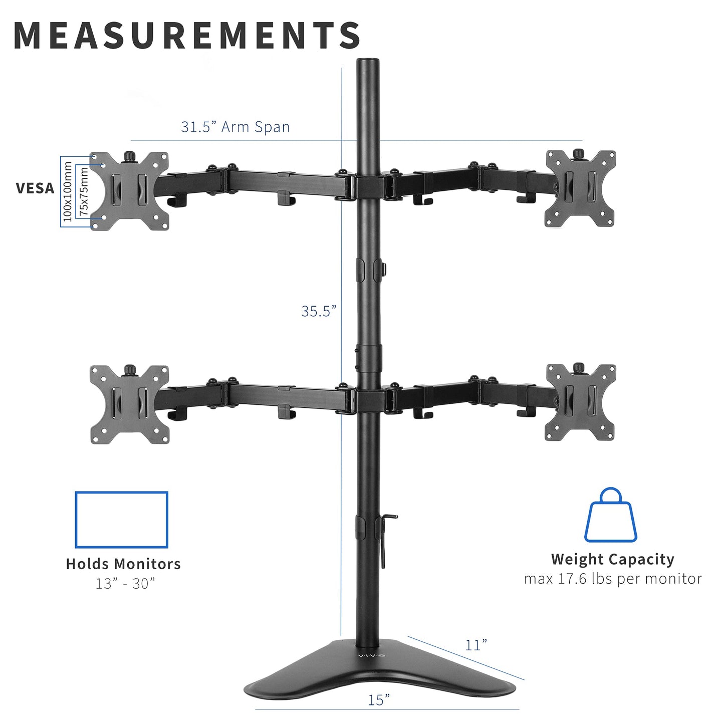 Quad 13 to 30 inch Monitor Free-Standing Mount, Fully Adjustable Desk Stand, Holds 4 Flat or Curved Display Screens, STAND-V004F