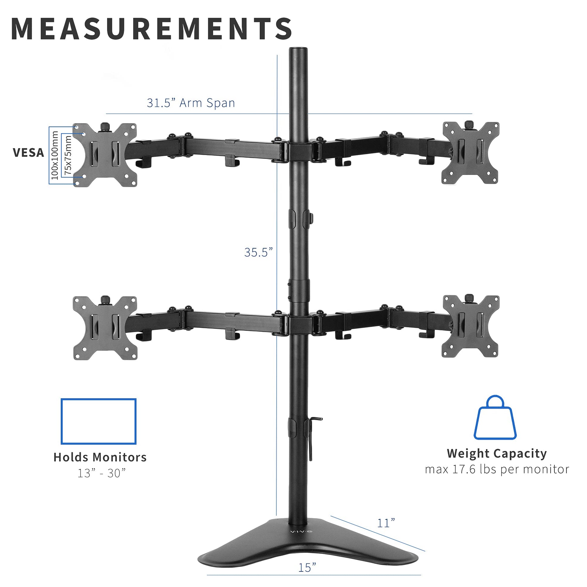 Quad 13 to 30 inch Monitor Free-Standing Mount, Fully Adjustable Desk Stand, Holds 4 Flat or Curved Display Screens, STAND-V004F