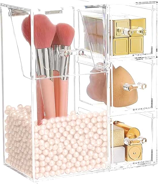 Clear makeup brush holder with drawer and lid