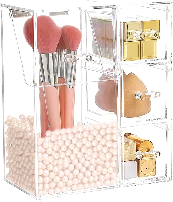 Clear makeup brush holder with drawer and lid