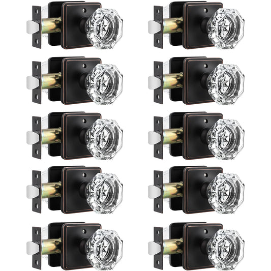 10 Pack Crystal Door Knobs, Octagon Clear Gl Door Knob with Rubbed Bronze Back Plate, In or Keyless Door Handles for Bed/Bath, Privacy Door Knobs with Lock