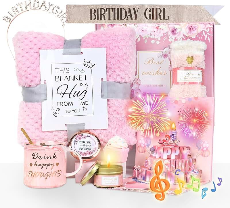 Birthday Gift Baskets for Women with 3D Cards and Blanket