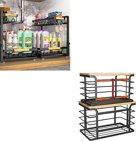 Two Adjustable Under Sink Organizers and Stackable Trash Bag Holders