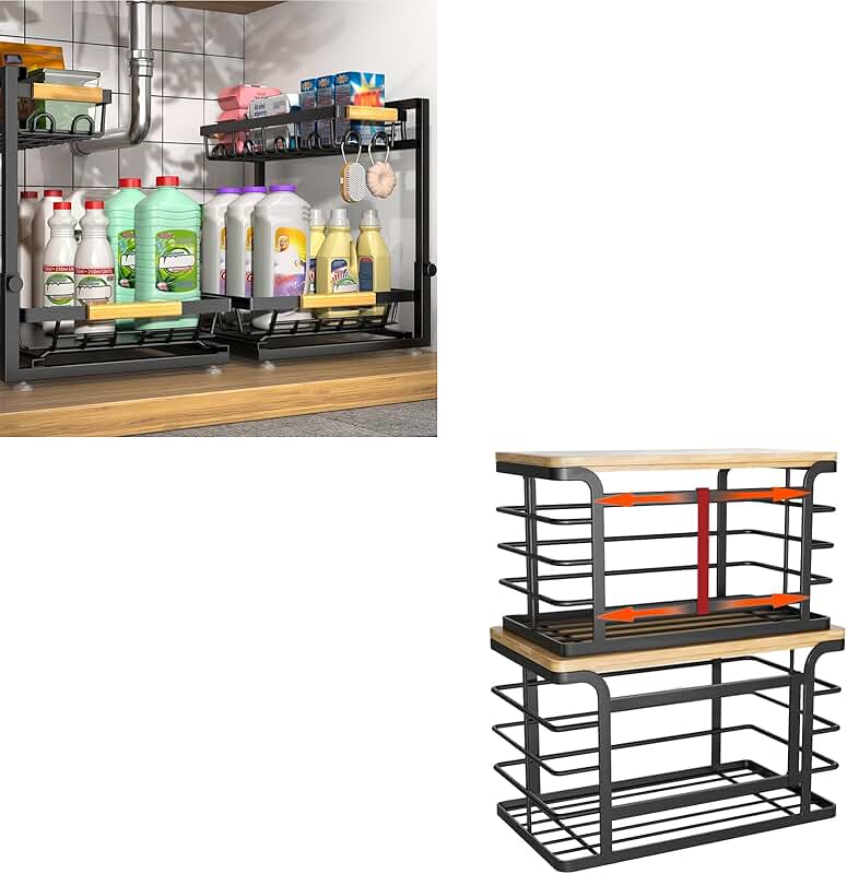 Two Adjustable Under Sink Organizers and Stackable Trash Bag Holders