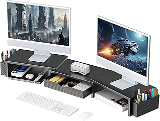 Dual Monitor Stand Riser with Drawer and Pen Holders