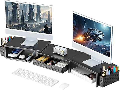 Dual Monitor Stand Riser with Drawer and Pen Holders