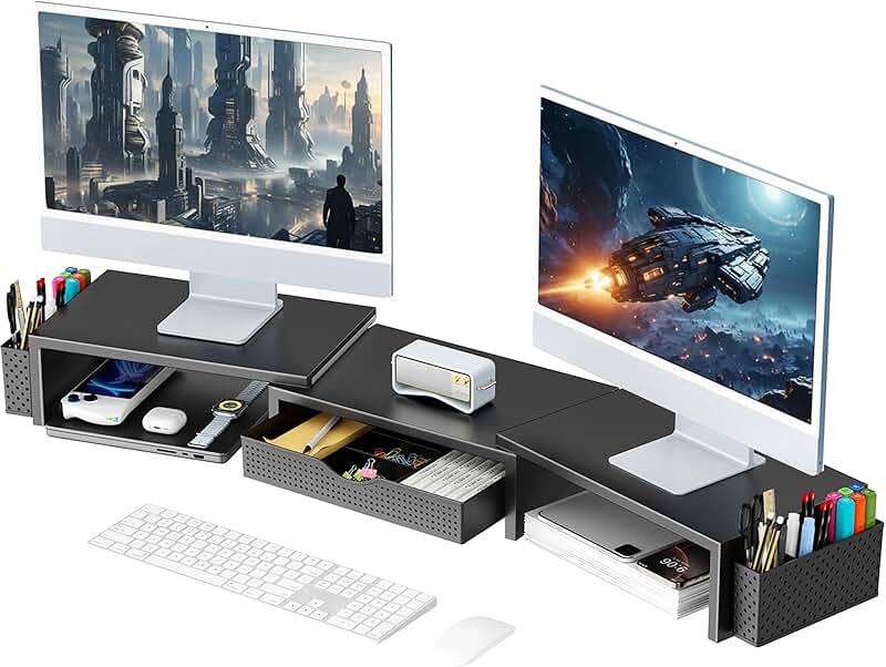 Dual Monitor Stand Riser with Drawer and Pen Holders