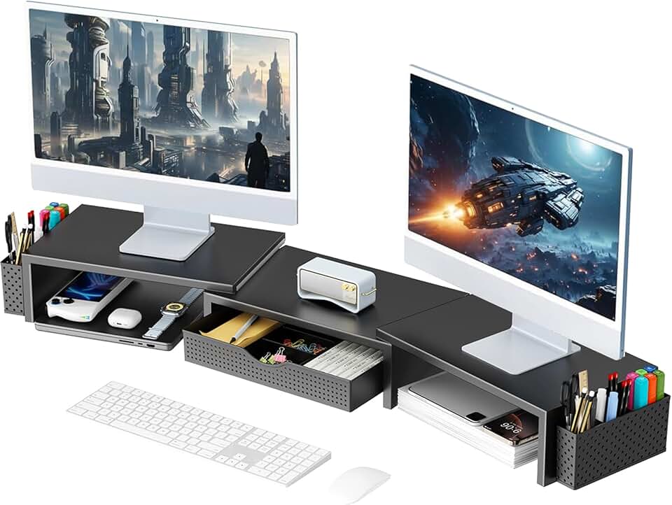 Dual Monitor Stand Riser with Drawer and Pen Holders