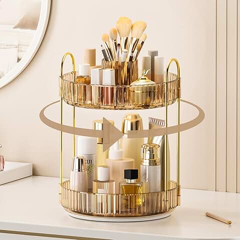 360° Rotating Makeup and Skincare Organizer with Brush Holder