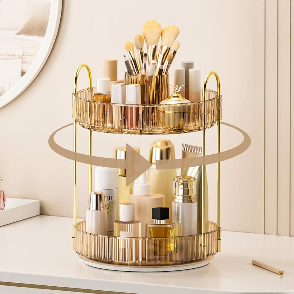 360° Rotating Makeup and Skincare Organizer with Brush Holder