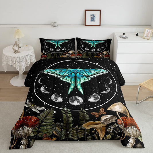 Death Moth Comforter Hippy Mushroom Bedding, Boho Moon Phase Bedding Sets  s Bohemian King Comforter Set, Vintage Quilt Comforter Chic Butterfly Dragonfly Duvet Sets Soft Cozy, 3Pcs