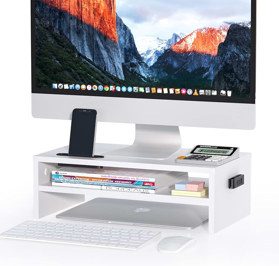 Wooden 2-Tier Monitor Stand with Storage and Cable Management