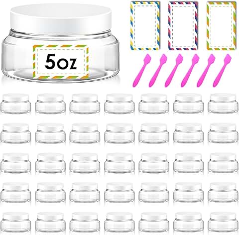 Set of 36 clear 5 oz refillable cosmetic jars with lids