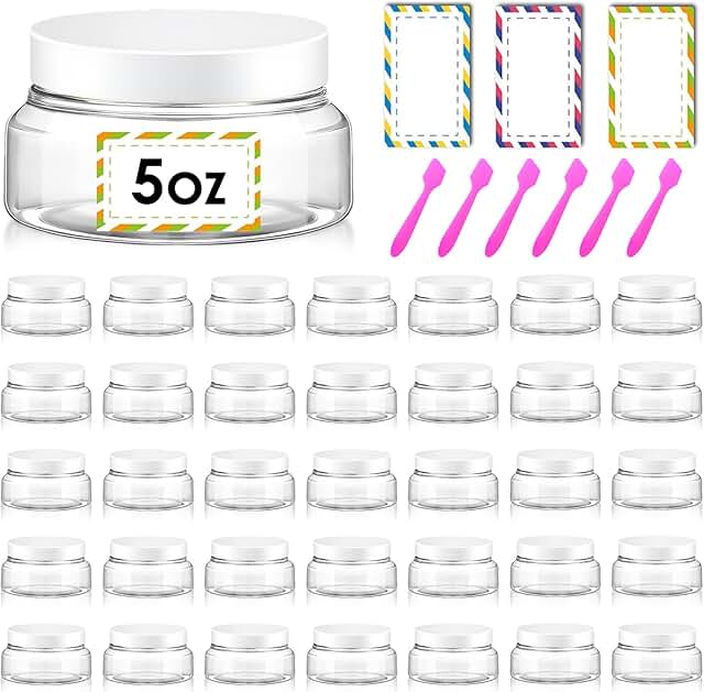 Set of 36 clear 5 oz refillable cosmetic jars with lids