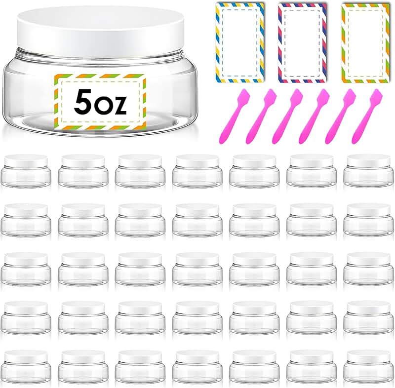 Set of 36 clear 5 oz refillable cosmetic jars with lids