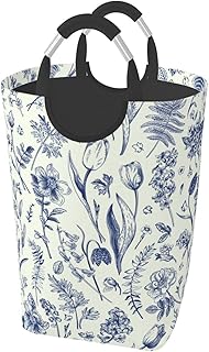 Blue floral foldable laundry basket with handles