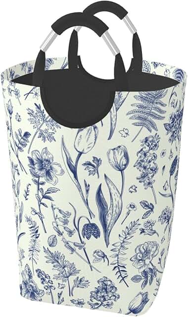 Blue floral foldable laundry basket with handles